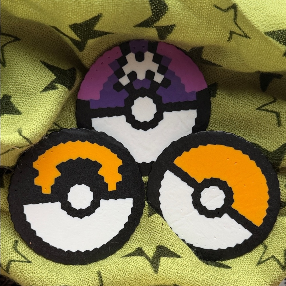 Set of Three Pokémon pokéballs bead art, Kandi, decor, gifts
